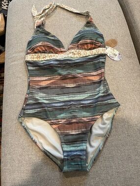 Prana Lahari Granite Bonita One-Piece Swimsuit in Teal, Brown & Navy